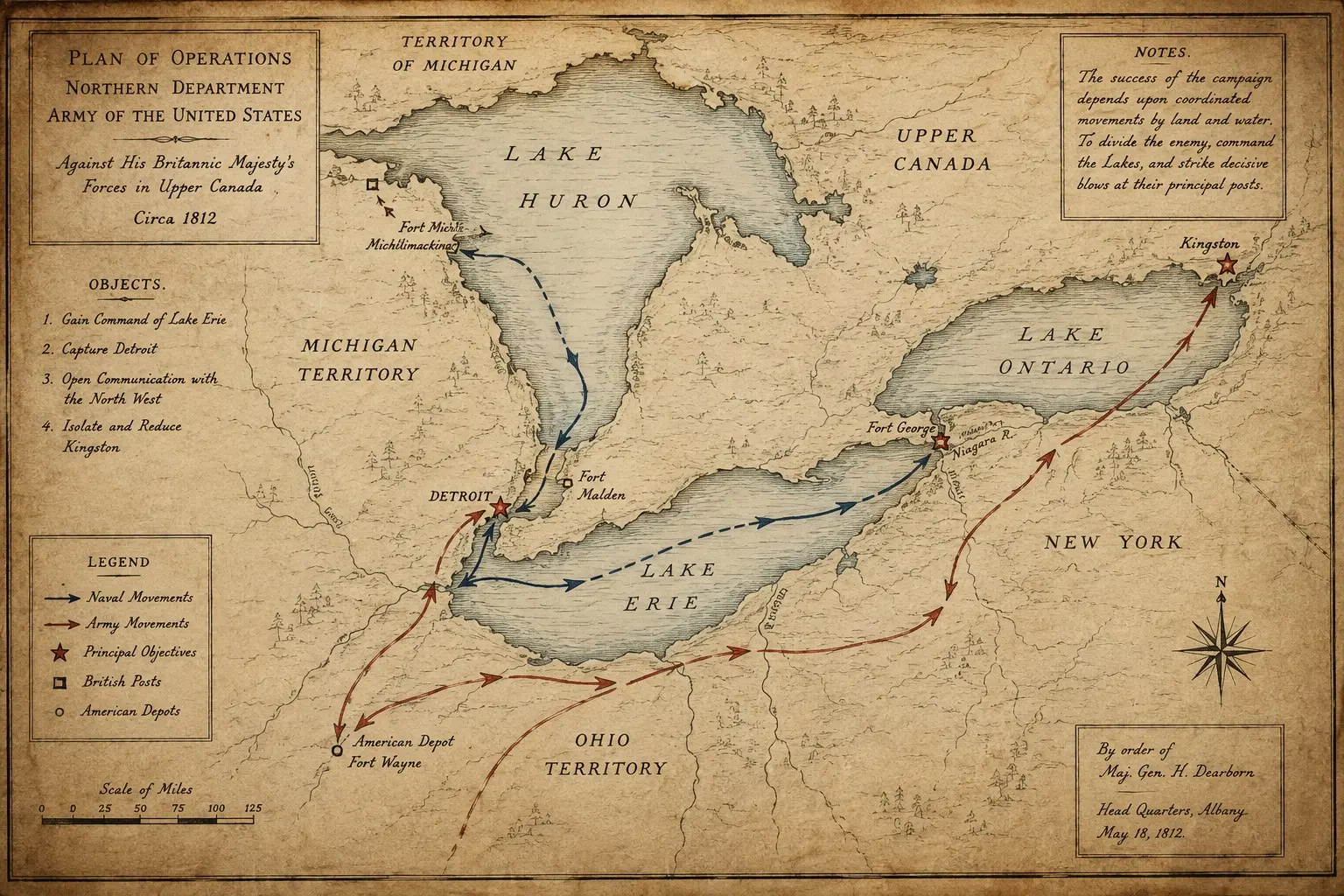 Campaign map of the Great Lakes region in the altered War of 1812