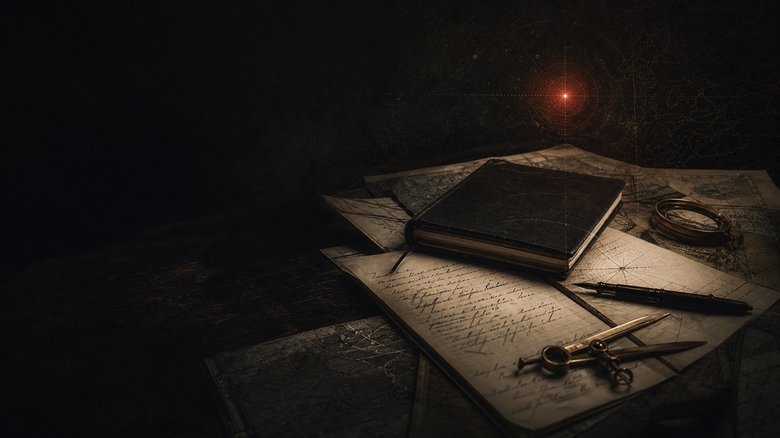 A dark author workbench with maps, manuscripts, a notebook, and orbital geometry