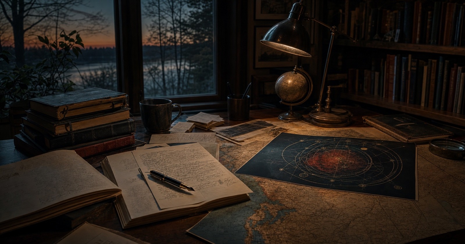 An author's desk with books, maps, manuscripts, and orbital diagrams
