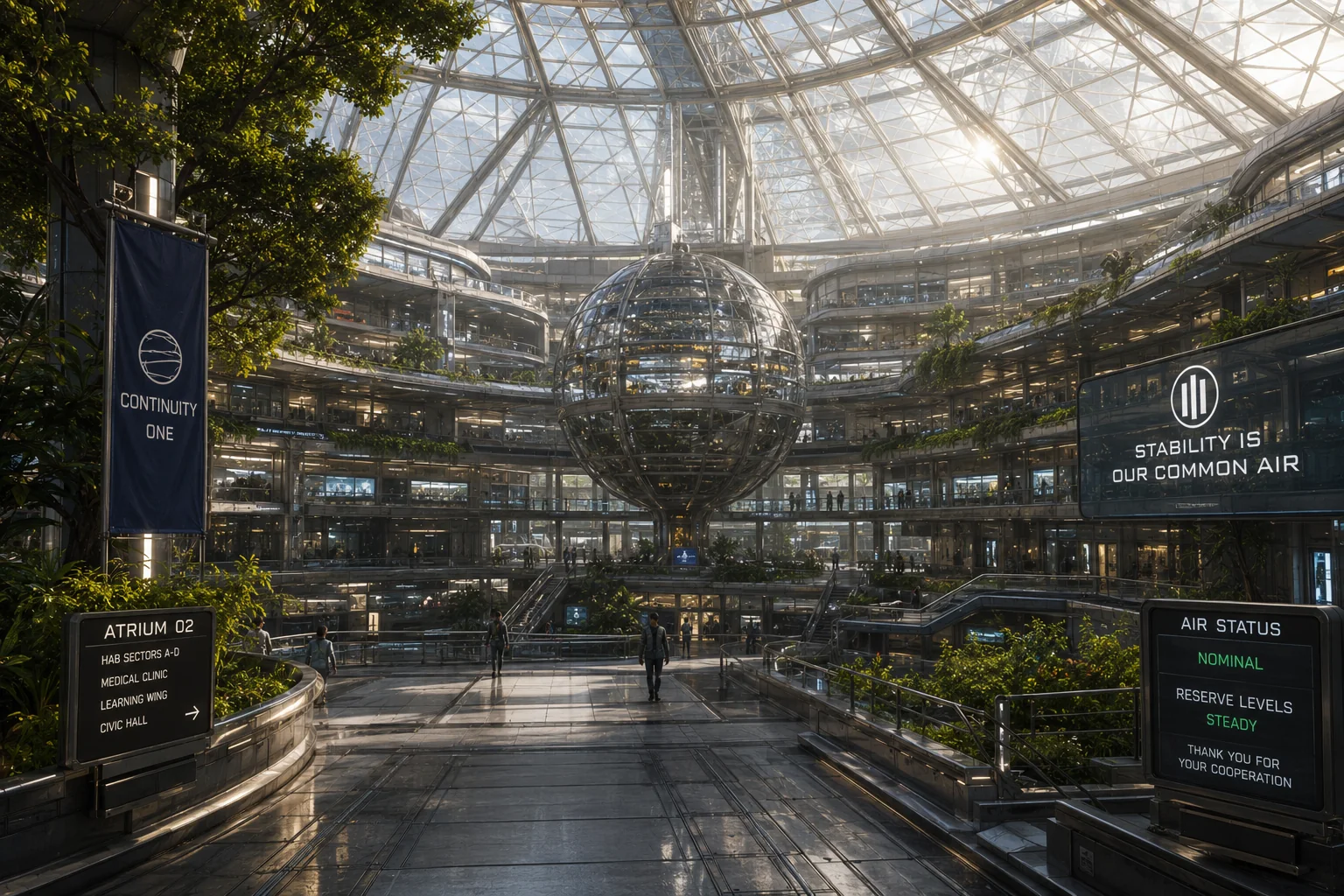 Residents walk through the bright central atrium of Continuity One on Mars