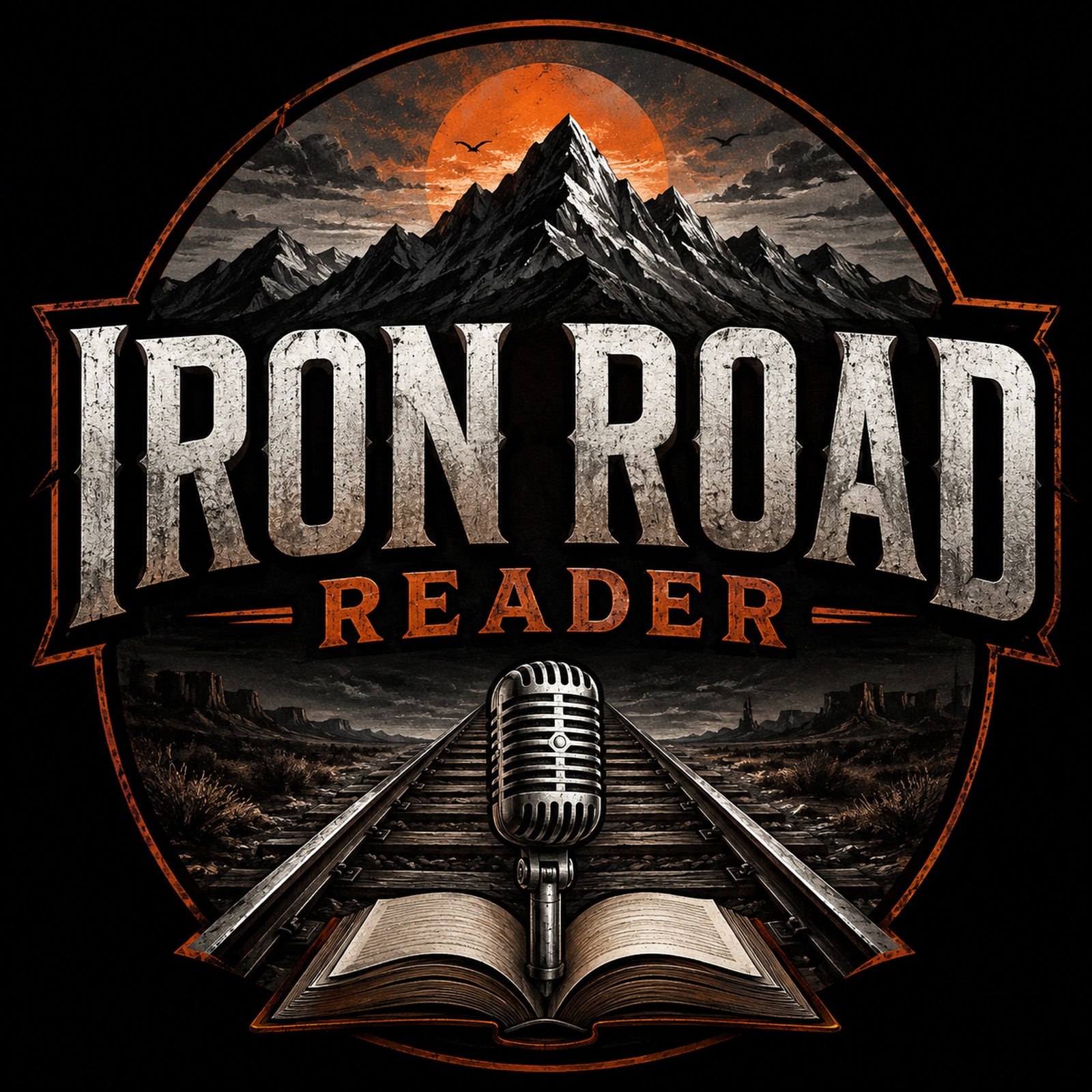 Iron Road Reader podcast cover with mountains, railway, microphone, and open book